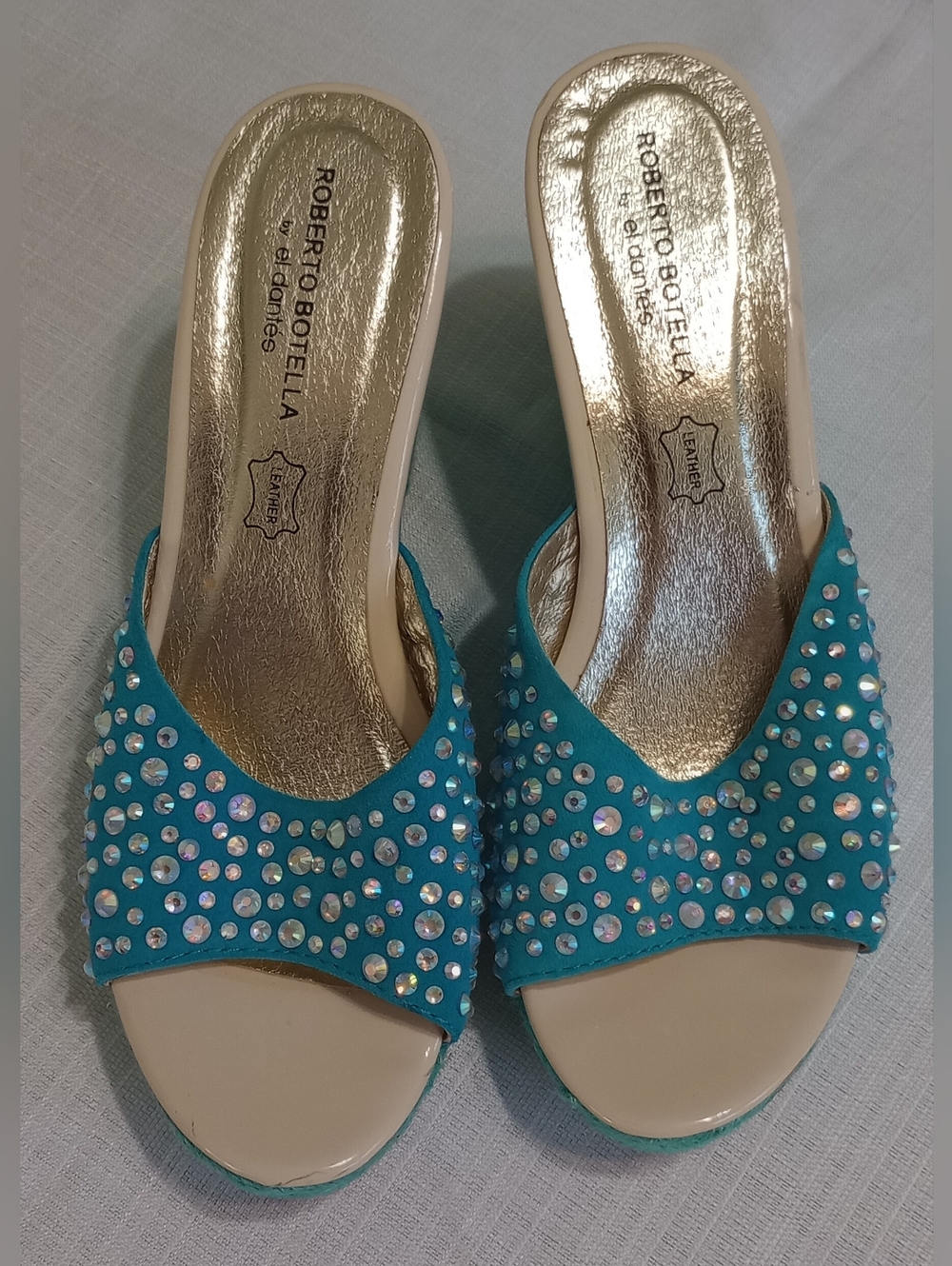 Crystal Embellished Turquoise Wedge Slides for Women - Picture 4 of 9